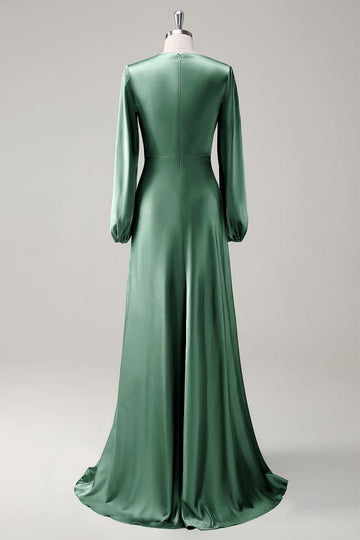 Agave A-Line Round Neck Satin Long Bridesmaid Dress with Long Sleeves